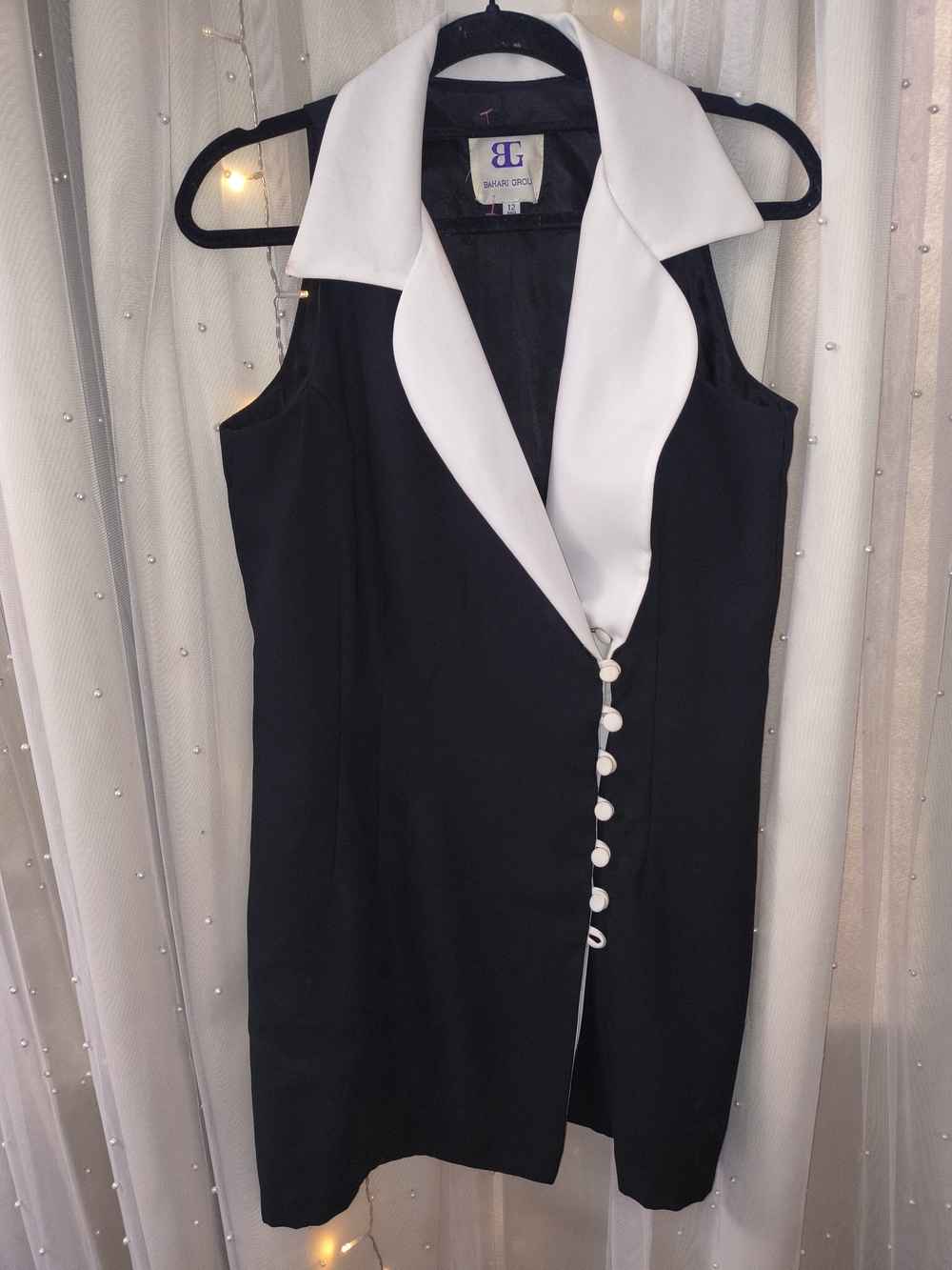 Bahari Black Midi Dress with White Shawl Collar - Picture 1 of 5